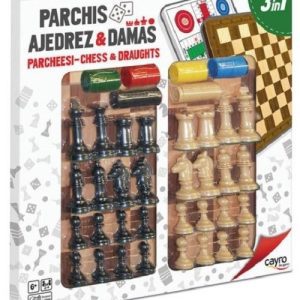 TABLERO PARCHIS AJEDREZ Y DAMAS CON ACCESORIOS 40X40CM
