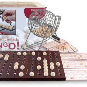 Loteria bingo madera y métal, contiene 90 bolas tablero para colocar las bolas y cartones.