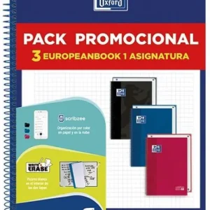 Pack 3 cuaderno espiral europeanbook1 a4 80h 90g. cuadricula 5x5mm microperforado colores vivos