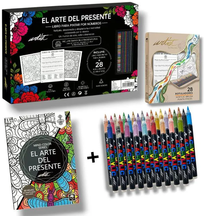 Kit mindfulness artist libro pinta por números y estuche 28 acrylic real brush