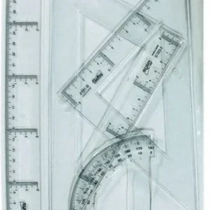 Conjunto dibujo escolar transparente Safta, regla 30 cm, escuadra y cartabón 25 cm, semicirculo 15 cm.