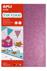 Blister 4 laminas goma eva purpurina a4 colores blanco,negro,rosa y azul