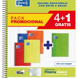 Pack 4+1 cuaderno espiral fº 80h 90g. cuad.4x4 c/m tapa extradura colores vivos